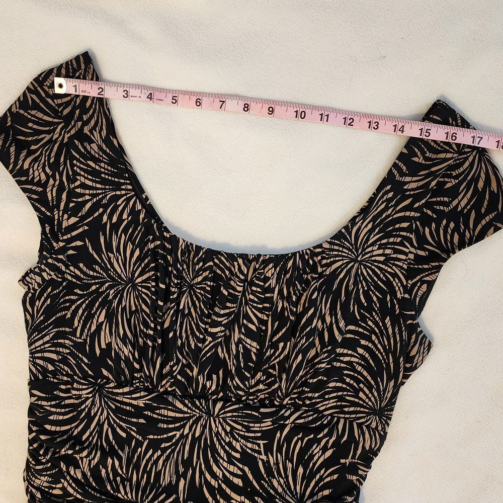 Coldwater Creek Dress Fit & Flare Cap Sleeve Black Tan Print Size 16 - Picture 4 of 7
